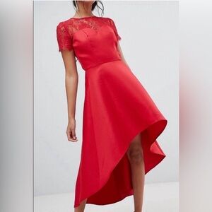 Chi Chi London Red Hi Low Cocktail Dress Lace Wedding Guest Party Size 6